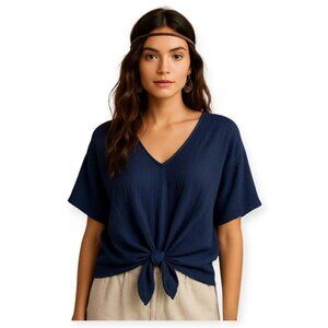 Anthropologie The Podolls Navy Front Tie Cotton Blouse Short Sleeve Size S